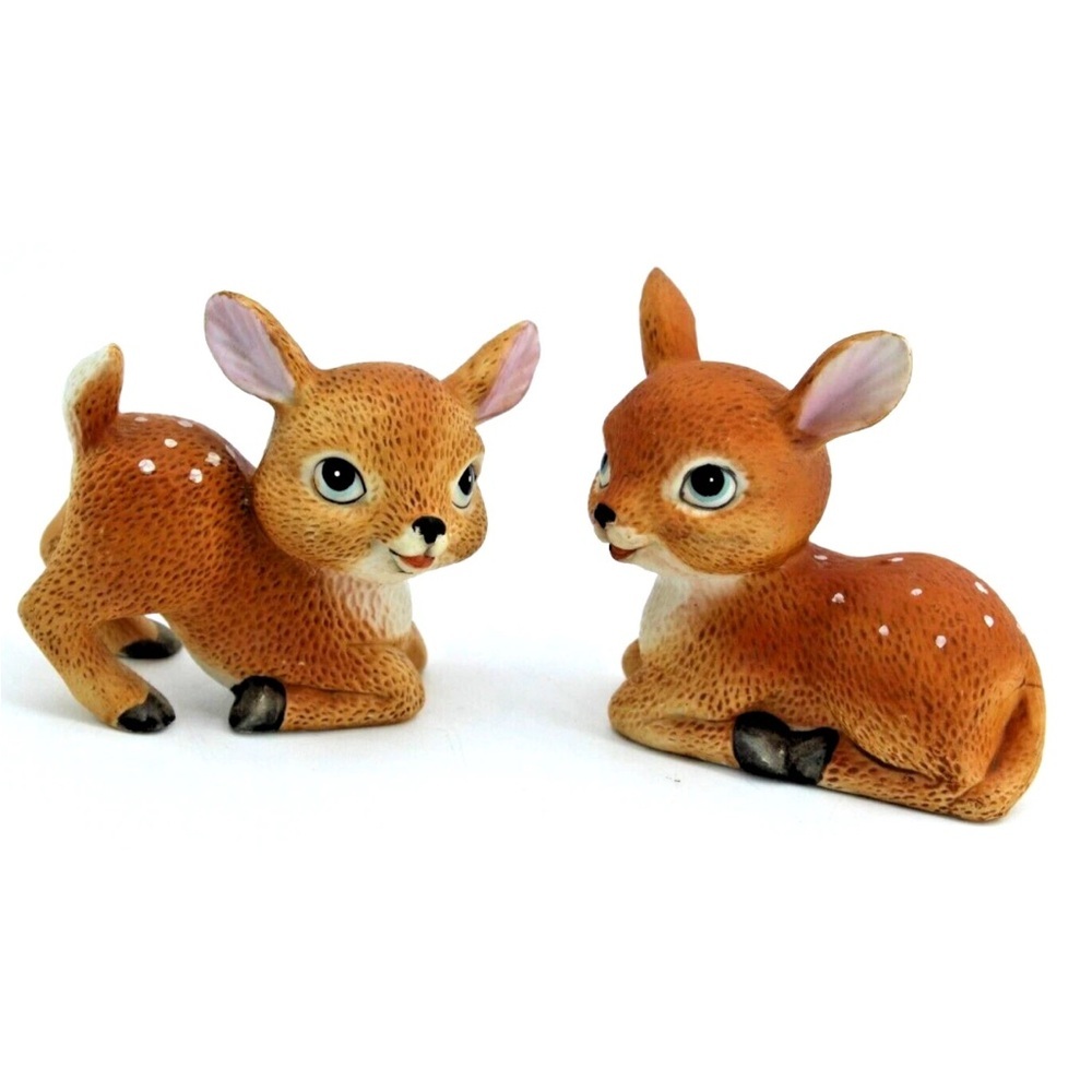 Homco Vintage Pair Of Ceramic Sitting Resting Fawn Deer Figurines 3"x 3"